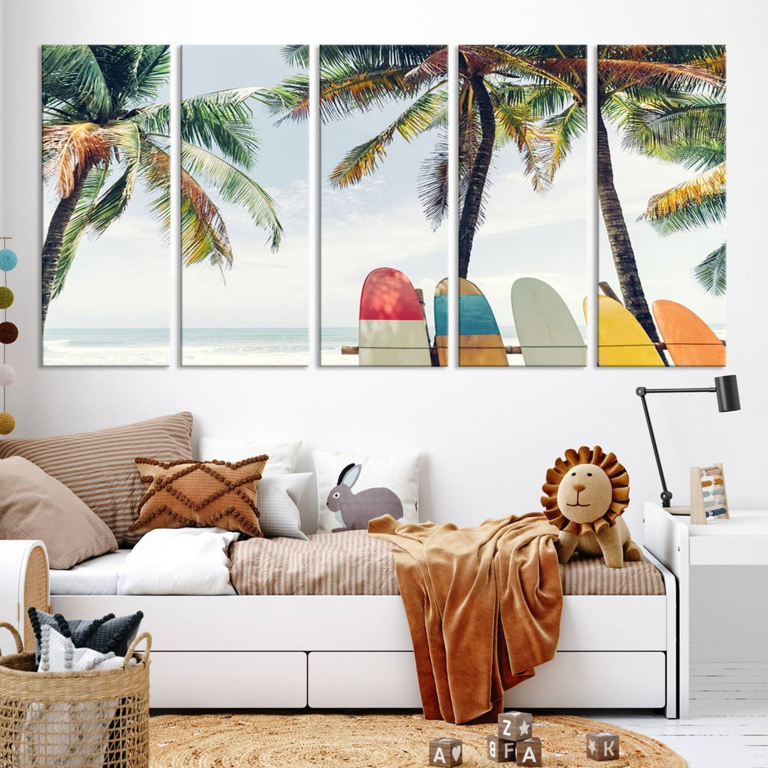 The room showcases The Palm and Surfing Board Wall Art Canvas Print, a triptych of palm trees and surfboards by the beach, elegantly gallery wrapped for a sophisticated finish.