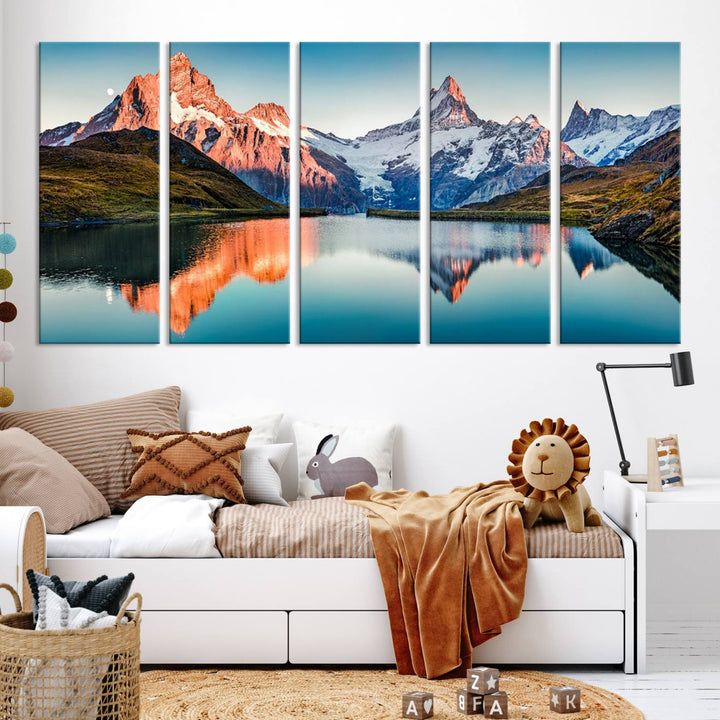 The living room features the Landscape Mountain and Lake View Wall Art Canvas Print. This triptych is expertly handmade in the USA on museum-quality canvas and includes a UV-protective coating to ensure lasting beauty.