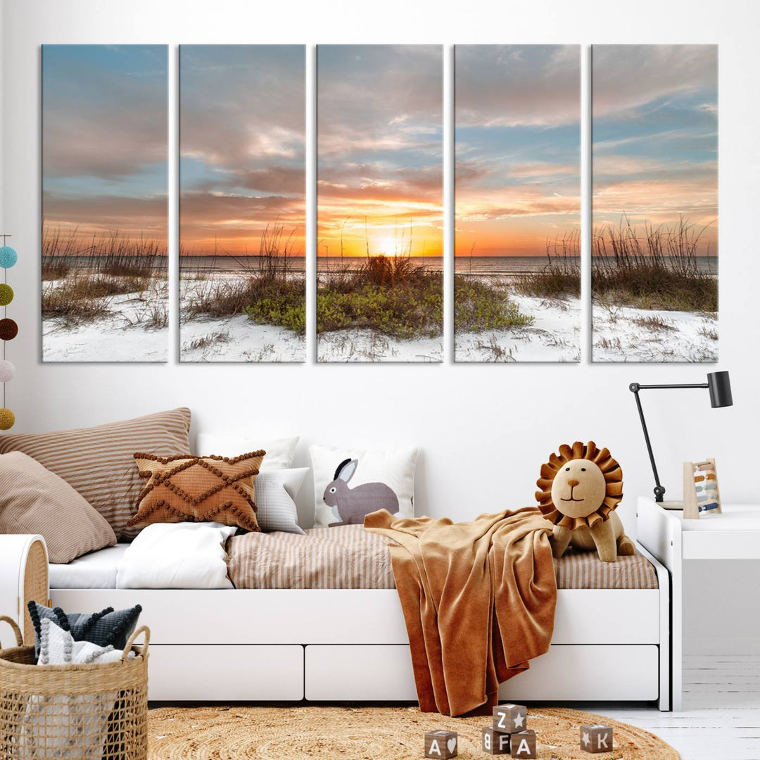 The Beach Ocean Sunset Sand Wall Art Canvas Print is expertly crafted on museum-quality canvases with a UV-protective coating.