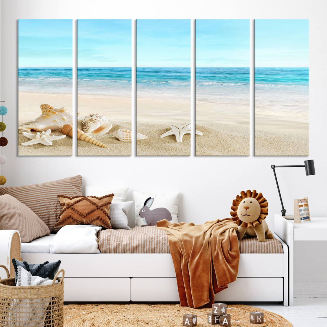 The "Turquoise Ocean View Seashell Starfish on the Beach Canvas Print Artwork" is a triptych piece that showcases a tranquil beach scene, complete with seashells and starfish adorning the sand. It is elegantly gallery-wrapped on museum-quality canvas.