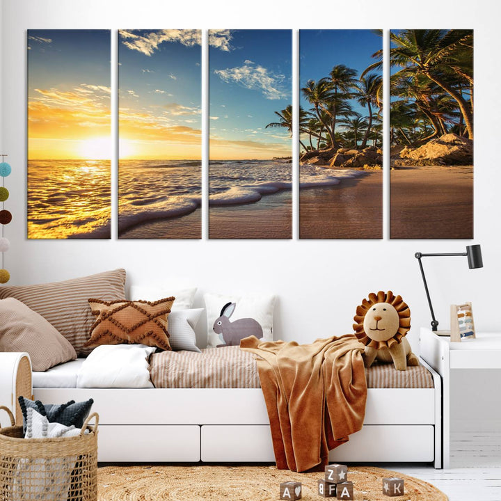 The wall features a Sunset Ocean View Beach Canvas Print, showcasing museum-quality craftsmanship by professional artisans.