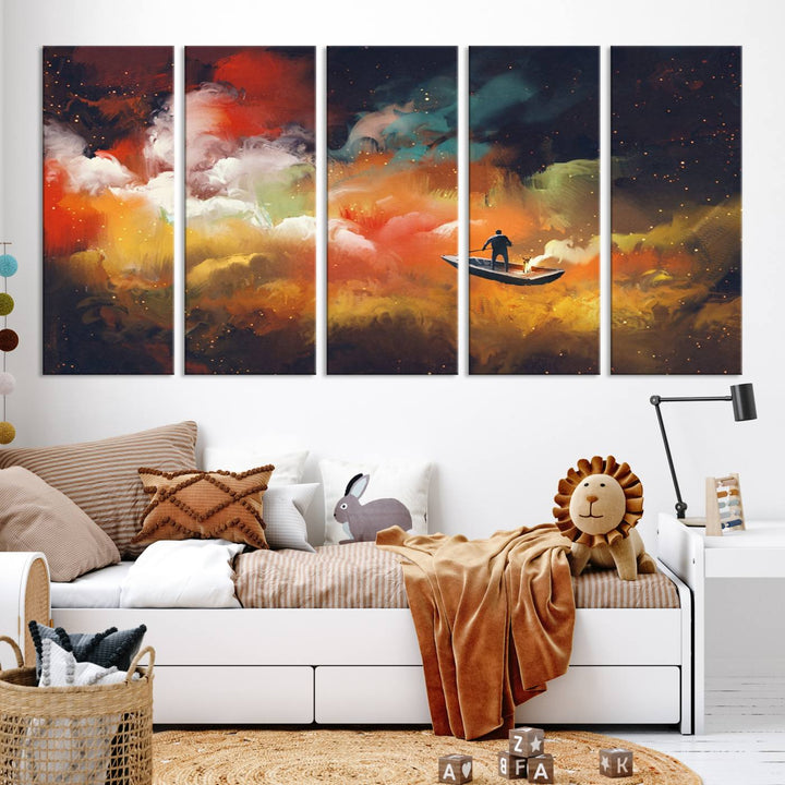 The "Surreal Space Adventure Canvas Wall Art" is a dreamlike abstract galaxy print with an astronaut among clouds, inviting you on a space adventure. This stunning piece comes framed and ready to hang, making it perfect for enhancing living room or bedroom decor.