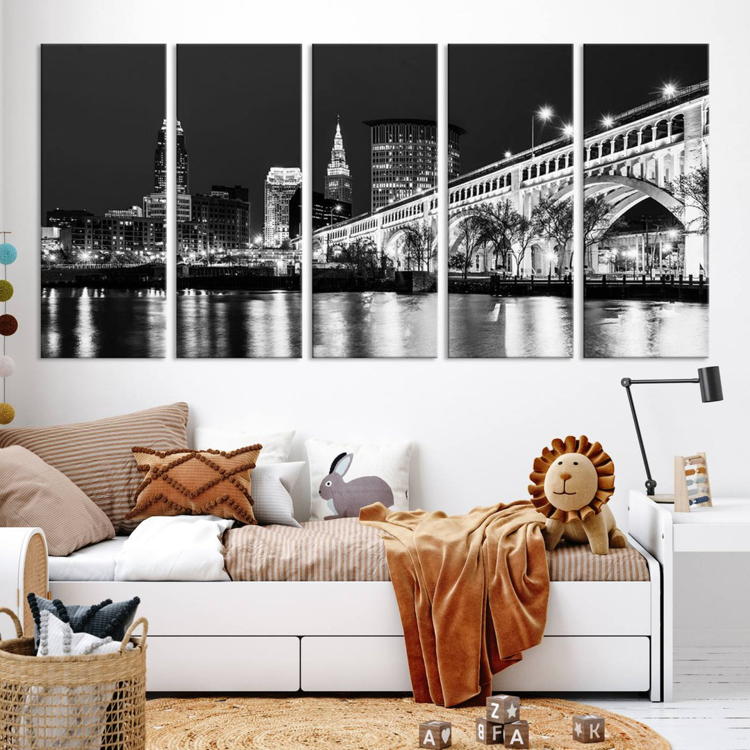 Enhance your space with the Cleveland Night Skyline Wall Art City Cityscape Canvas Print, a museum-quality black and white triptych. This ready-to-hang masterpiece is designed to elevate any room's aesthetic.