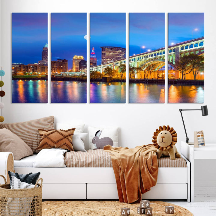 The Cleveland Night Skyline Wall Art City Cityscape Canvas Print portrays a city skyline and bridge lit up against the night sky. This artwork is printed on museum-quality canvas with a gallery-wrapped finish and features a UV-protective coating to ensure lasting vibrancy.