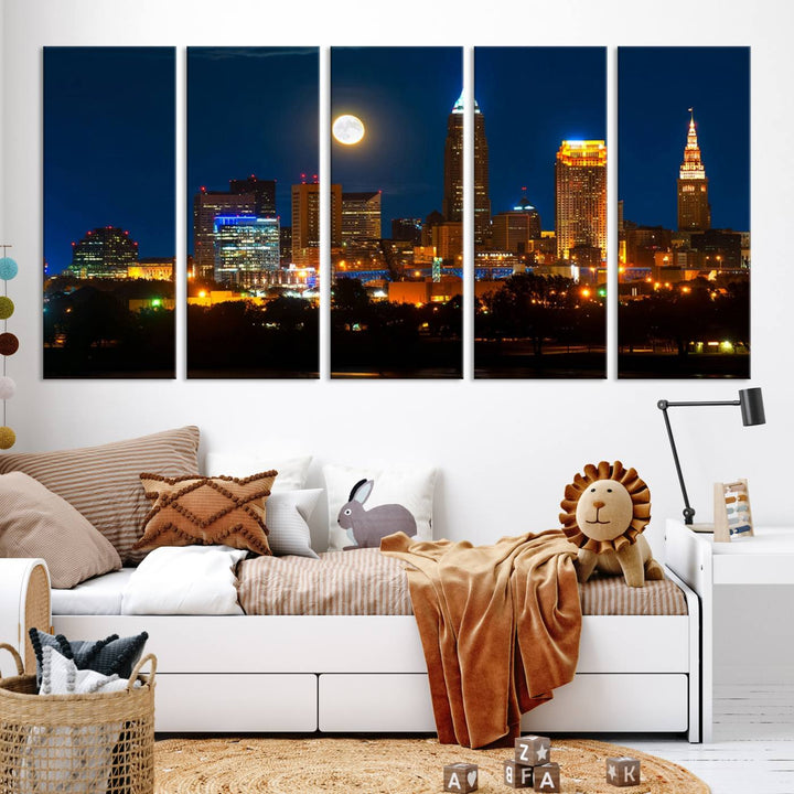 The "Cleveland Night Skyline Wall Art City Cityscape Canvas Print" adds elegance to the room with its depiction of a city skyline and full moon on museum-quality canvas. The artwork is enhanced by a UV-protective coating to ensure lasting brilliance.