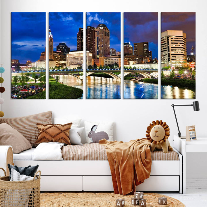 The Columbus City Lights Night Bright Blue Cloudy Skyline Cityscape View Wall Art Canvas Print, crafted on museum-quality canvas and finished with a UV-protective coating, adorns the wall.