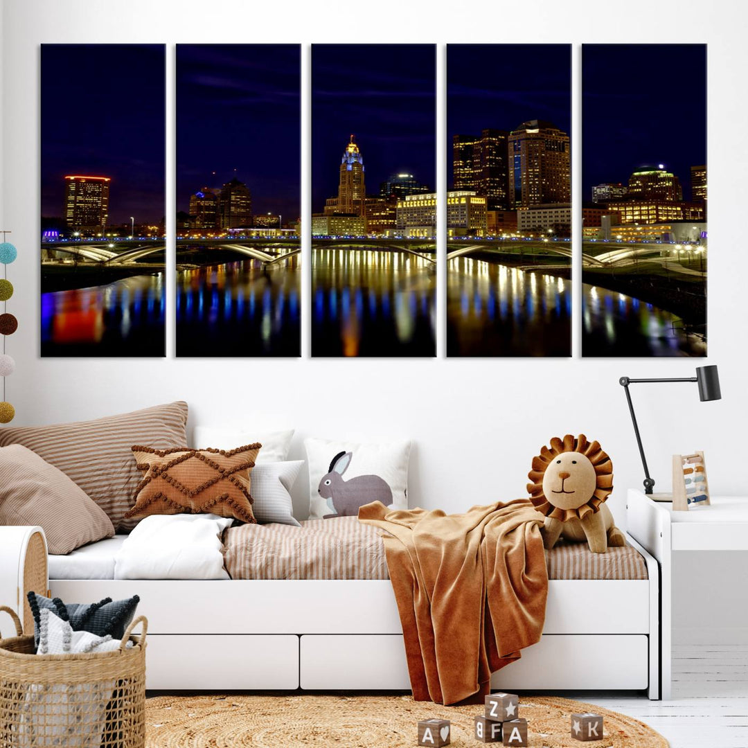 The "Columbus City Lights Night Skyline Cityscape View Wall Art Canvas Print" showcases a stunning city skyline at night, with illuminated buildings and bridges reflecting in the river, on a museum-quality canvas ready to hang.