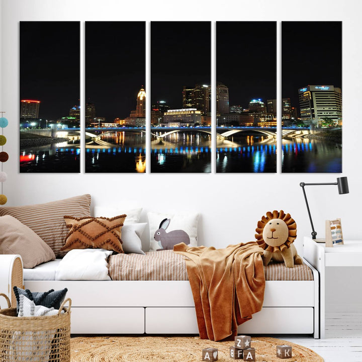 The "Columbus City Lights Night Skyline Cityscape View Wall Art Canvas Print" elegantly decorates the area, presented on museum-quality canvases that feature UV-protective coating to maintain their vibrant appearance.