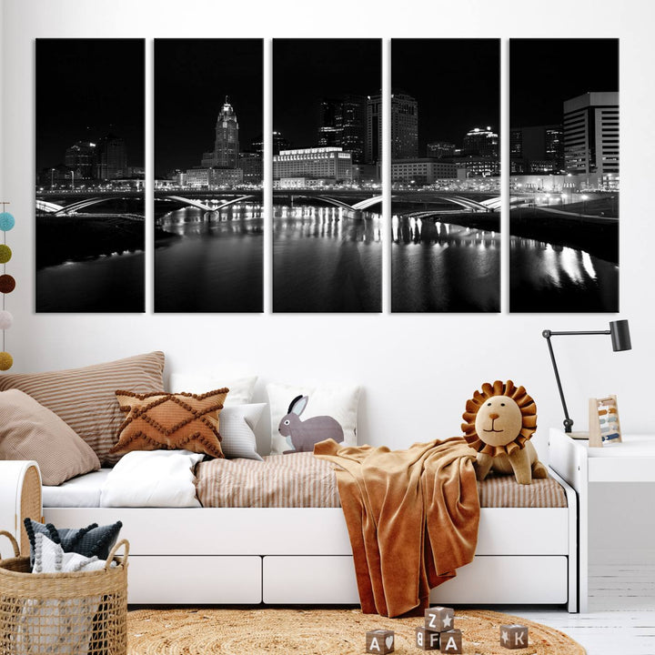 The living room features the "Columbus City Lights Skyline Black and White Wall Art Cityscape Canvas Print" above a coffee table. This artwork is presented as a triptych on museum-quality canvases with UV-protective coating.