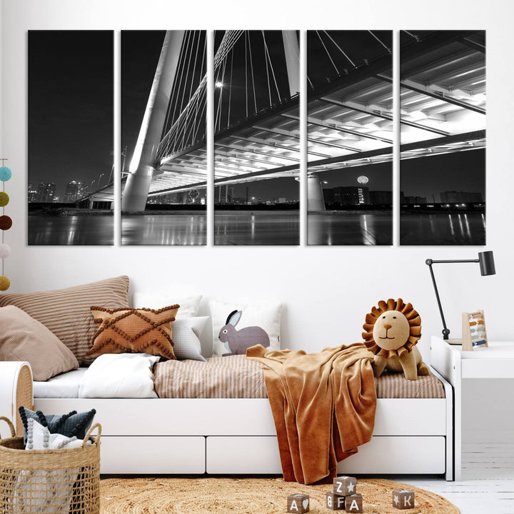 The modern living room features the museum-quality "Dallas City Bridge Lights Skyline Black and White Wall Art Cityscape Canvas Print," elegantly displayed on gallery-wrapped canvas.