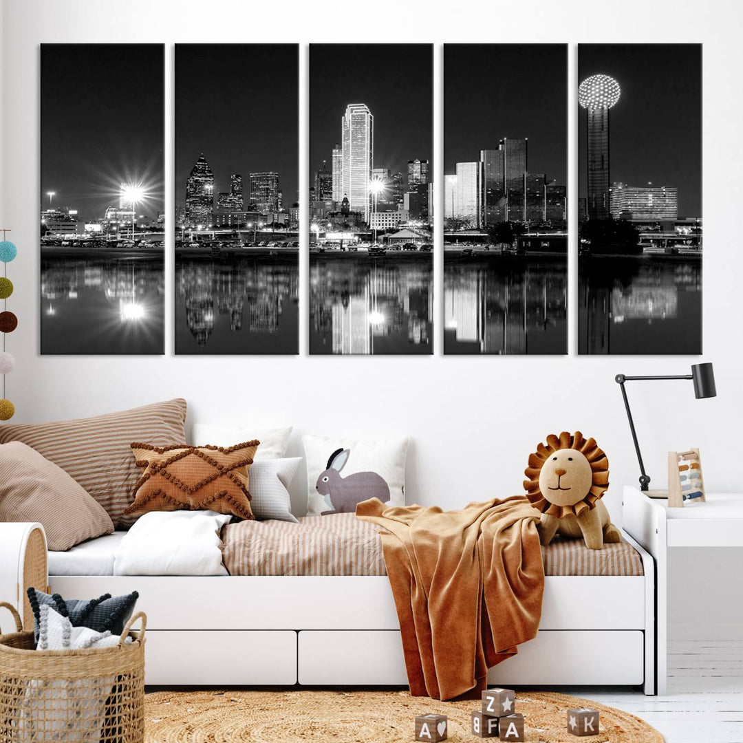 The living room showcases the Dallas City Lights Skyline Black and White Wall Art Cityscape Canvas Print. This museum-quality artwork is ready to hang and features a UV-protective coating to maintain its vibrant colors.