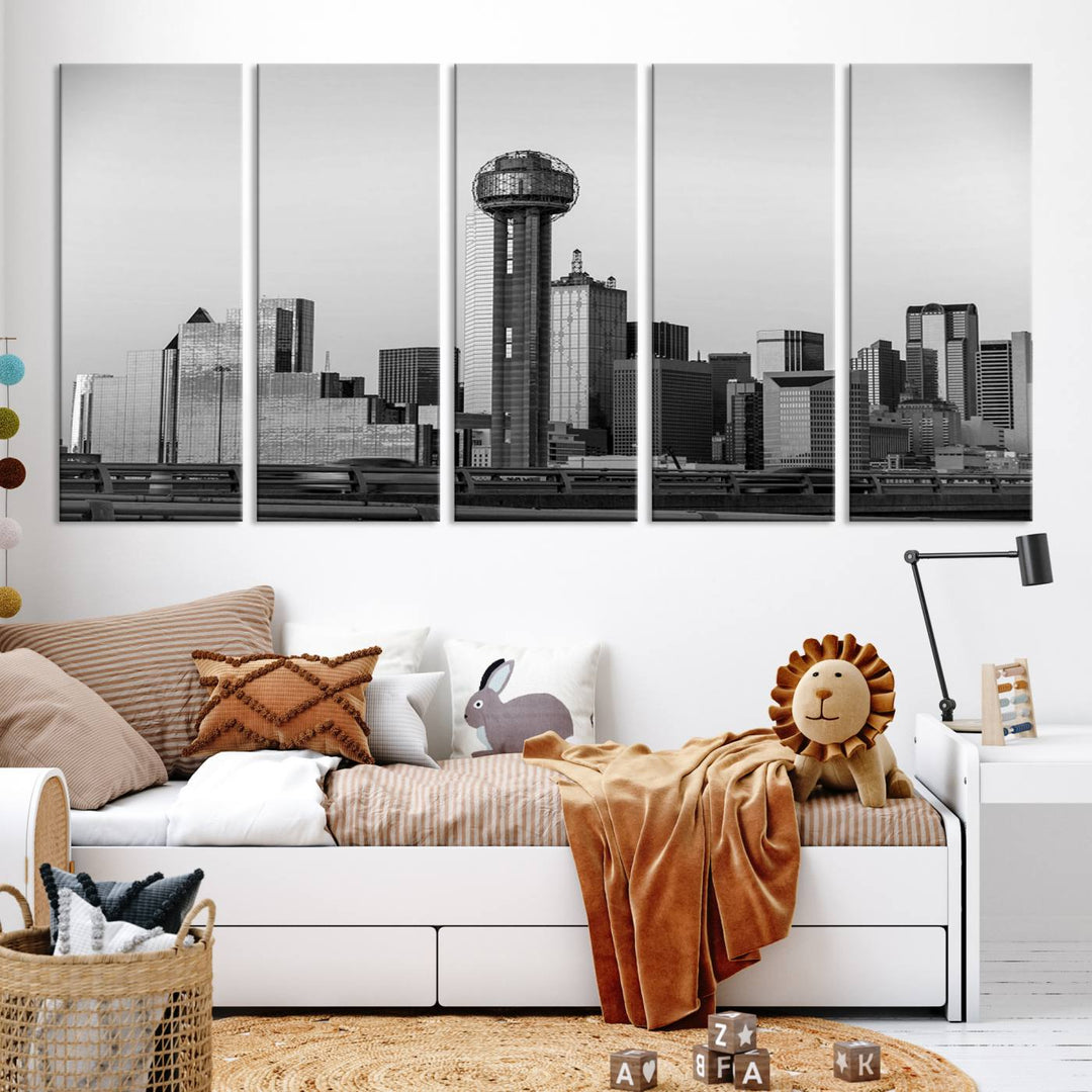 The Dallas City Lights Skyline Black and White Wall Art is elegantly displayed on museum-quality canvas.