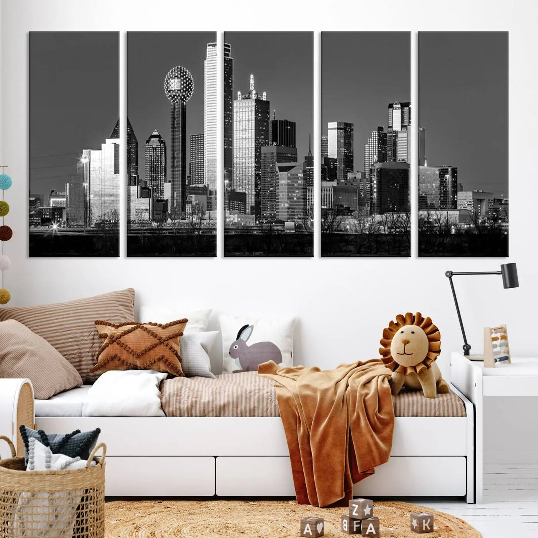 A black and white triptych of the Dallas city skyline is displayed, crafted on museum-quality canvas. This wall art piece is ready to hang, with each component adorned with a UV-protective coating to maintain its captivating appeal.