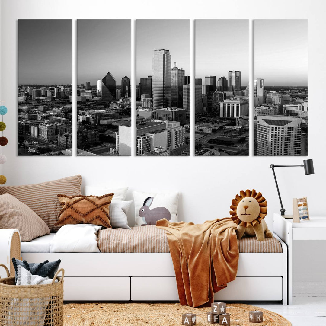 A modern living room showcases the Dallas City Lights Skyline Black and White Wall Art Cityscape Canvas Print. This gallery-wrapped piece offers a sleek finish and is crafted from museum-quality pollycotton. It features a UV-protective coating to ensure lasting vibrancy.