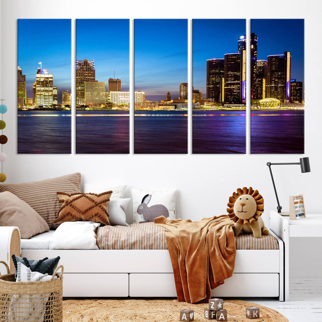 The living room features a breathtaking canvas print titled "Detroit City Lights Night Bright Blue Skyline Cityscape View," presented in a stunning triptych format on museum-quality canvases that are ready to hang.