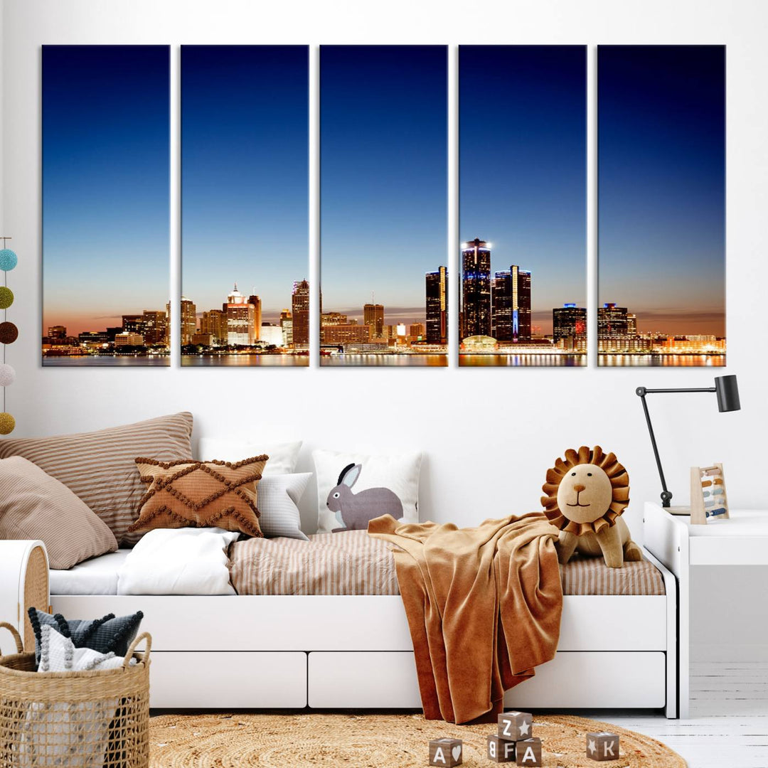 The Detroit City Lights Sunrise Skyline Cityscape View Wall Art Canvas Print adorns the modern living room. Crafted on museum-quality canvas with a UV-protective coating, this piece is ready to hang and elegantly elevates your décor.