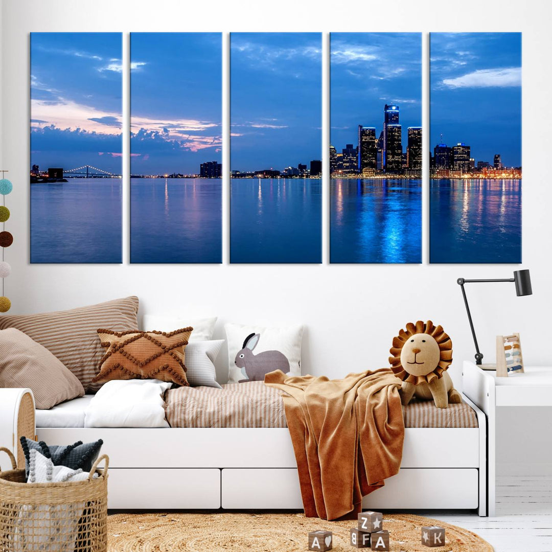 The "Detroit City Lights Night Blue Cloudy Skyline Cityscape View" wall art, displayed on museum-quality canvases, is split into three gallery-wrapped panels.