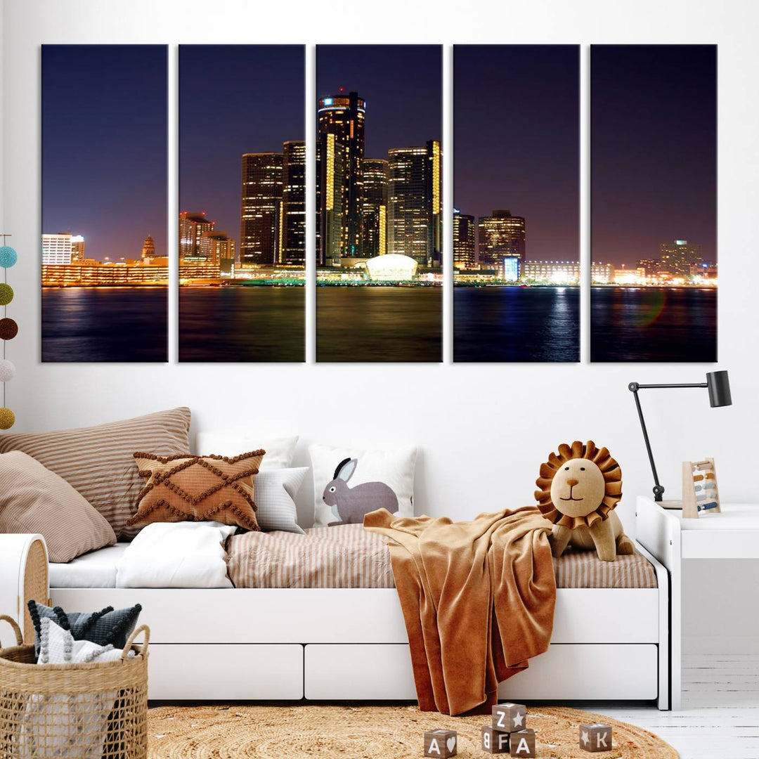 The Detroit City Lights Night Skyline Cityscape View Wall Art Canvas Print, elegantly split into three panels, is made from museum-quality pollycotton and gallery wrapped for a sophisticated touch. It is available with free shipping to effortlessly elevate your space.