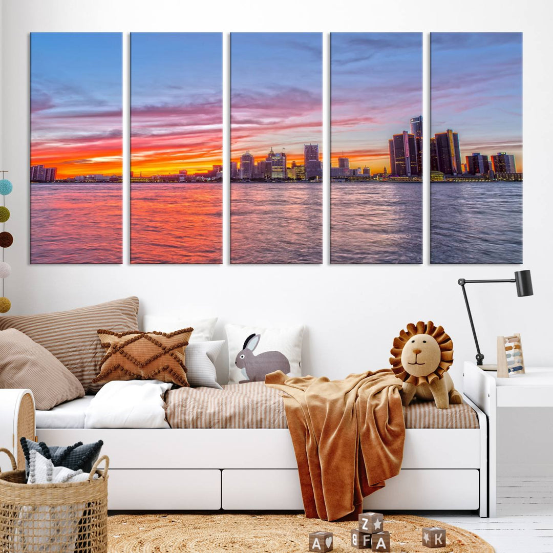 The Detroit City Lights Sunset Colorful Cloudy Skyline Cityscape View Wall Art Canvas Print showcases a vibrant city skyline at sunset over water. The artwork is museum-quality, comes ready to hang, and features a UV-protective coating to preserve its vivid colors.