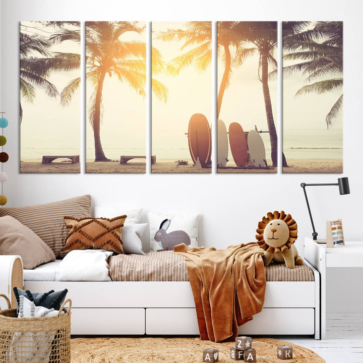 Surfboard and Palm Tree on Beach Double Exposure with Colorful Bokeh Sunset Light Wall Art Canvas