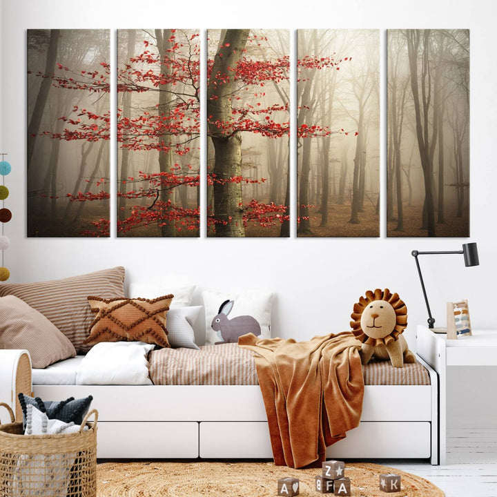 The living room features the Foggy Forest Wall Art, an Autumn Trees Canvas Print that showcases a serene nature scene with foggy woodland decor and a tree adorned in vibrant red leaves.