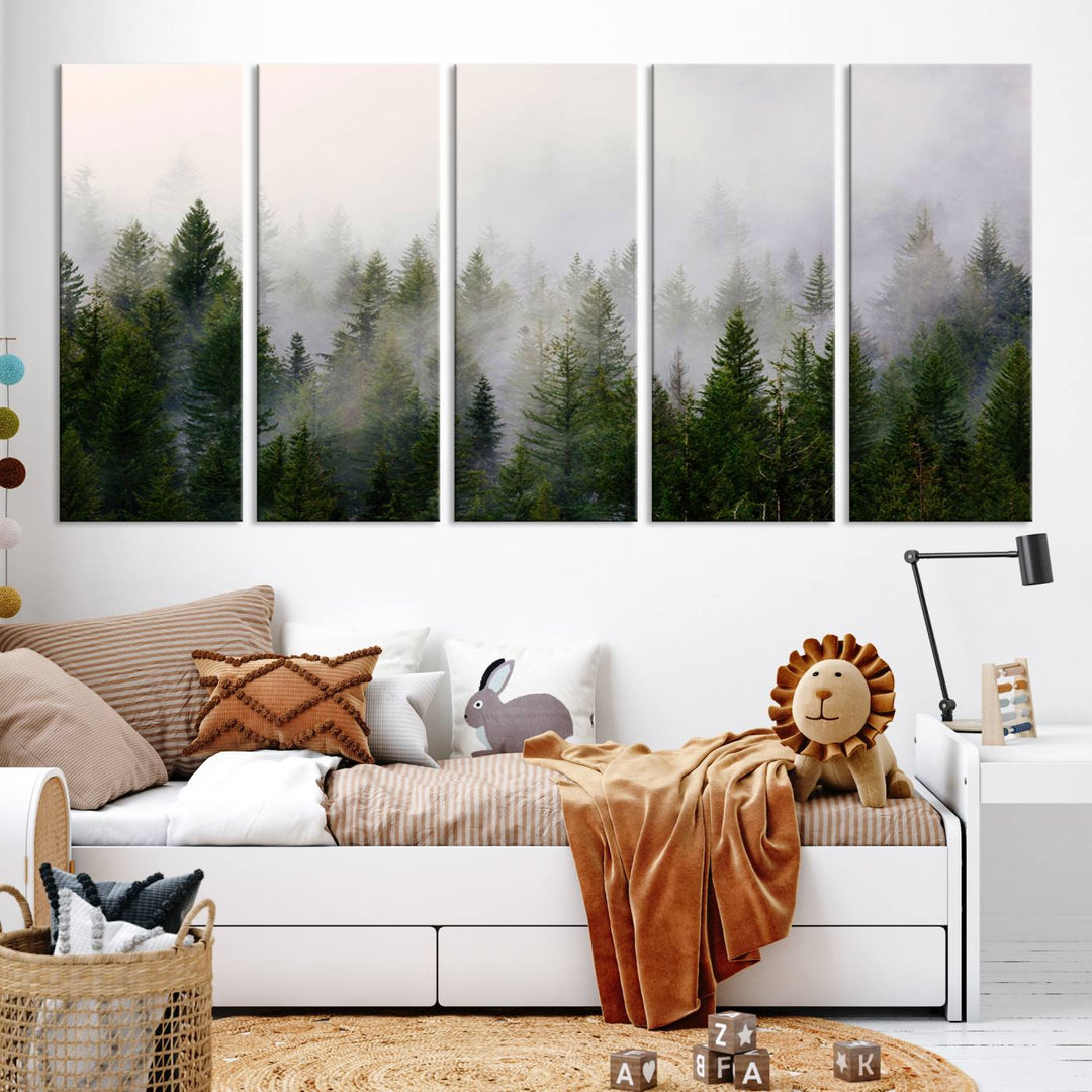 A 3-panel Misty Pine Forest Wall Art Canvas Print, featuring a green woodland scene, adorns the wall.