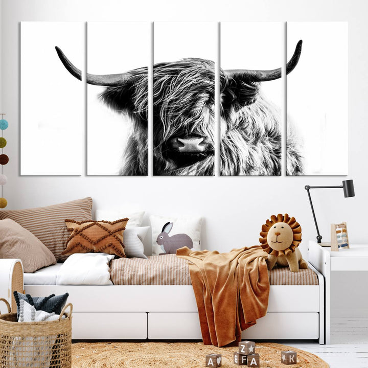 The Scottish Highland Cow Cattle Art Print Farmhouse Wall Art Canvas Print enhances rustic farmhouse decor with its depiction of a long-haired, large-horned cow. This triptych is an ideal choice for chic wall art.