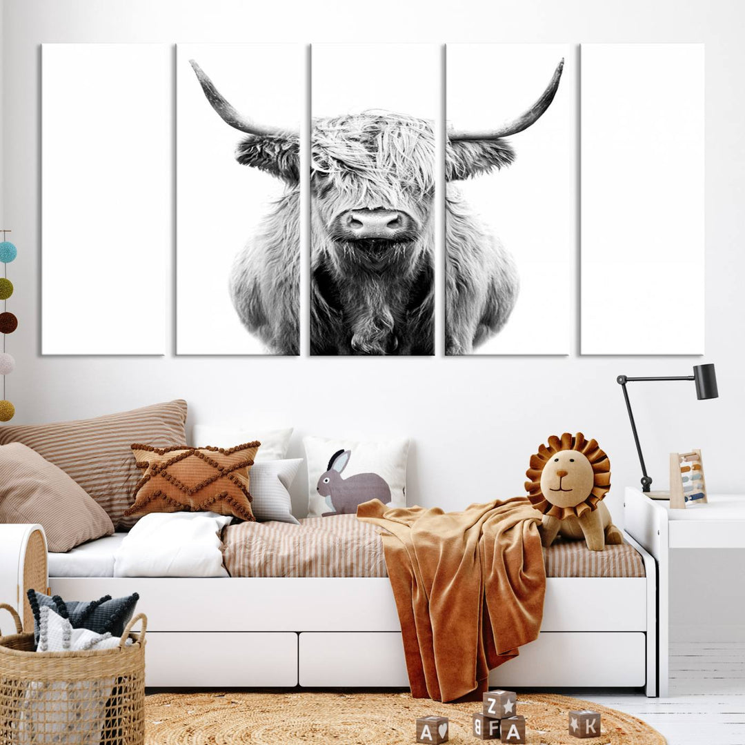 The wall art features a triptych of a Scottish Highland cow, printed on museum-quality canvases with a UV-protective coating. This decorative piece is known as the Highland Cow Canvas Wall Art Farm House Wall Art.