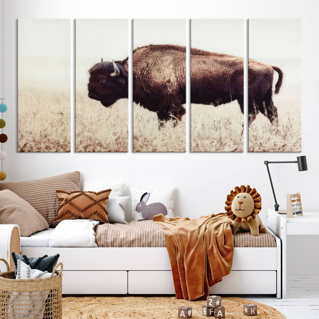 A stylish living room showcases the captivating "Bison in Field" Wall Art Canvas Print as farmhouse decor.