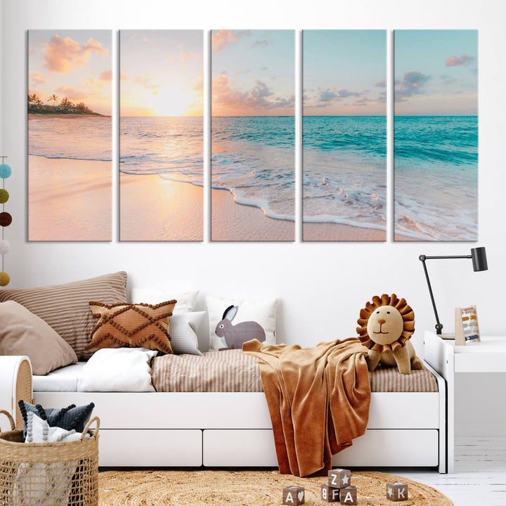 Beach Sunrise Wall Art, Coastal Seascape Canvas Print, Ocean Wave Multi-Panel Giclee, Coastal Sunset Beach Scene for Modern Decor