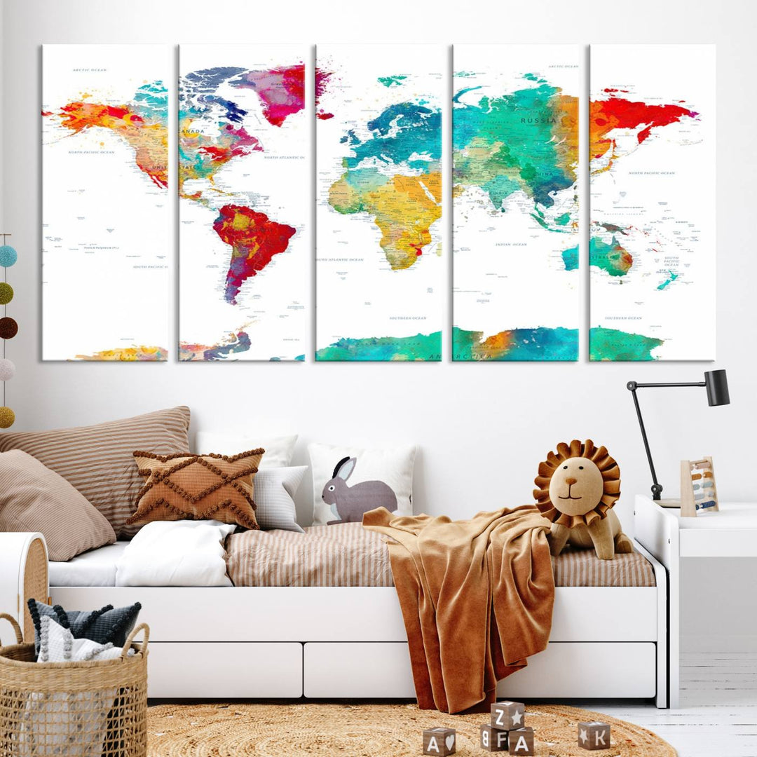 A stunning Colorful World Map Triptych Canvas Print, featuring a ready-to-hang framed design, adds vibrancy and modern flair to the space, effortlessly elevating the entire home décor.