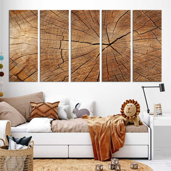 The stunning multi-panel wall art piece, the Tree Ring Canvas Art, features intricate rustic wood grain textures. This giclee triptych hangs elegantly on the wall.