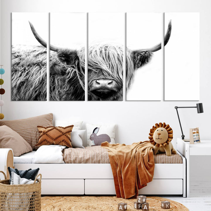 A museum-quality triptych titled "Black White Scottish Highland Cow Cattle Art Print Farmhouse Wall Art Canvas Print" embellishes the dark wall. The canvas is equipped with a UV-protective coating to ensure lasting vibrancy.