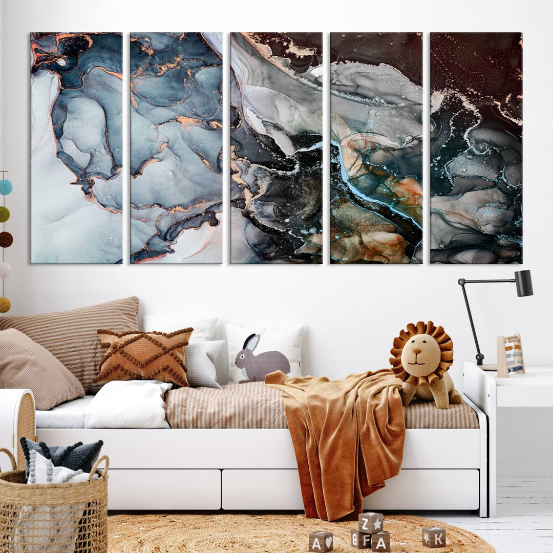 The Mix Color Large Abstract Marble Wall Art Canvas Print is printed on museum-quality canvas. It features a UV-protective coating and is ready to hang, adding elegance to the room.