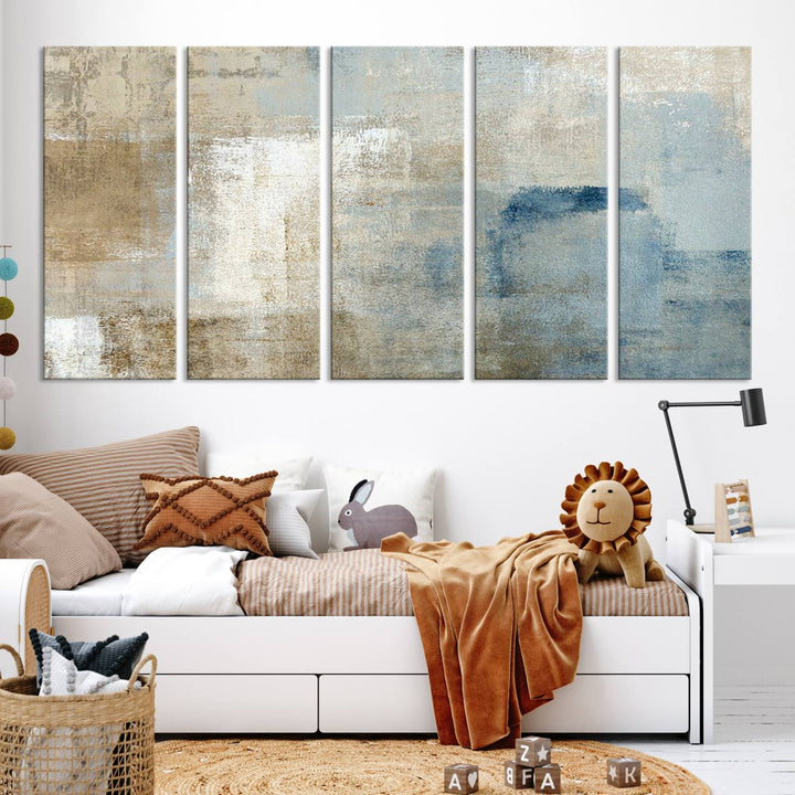 Abstract Blue and Beige Wall Art, Modern Minimalist Canvas Print Set, Giclee Textured Art, Large Multi-Panel Artwork for Living Room