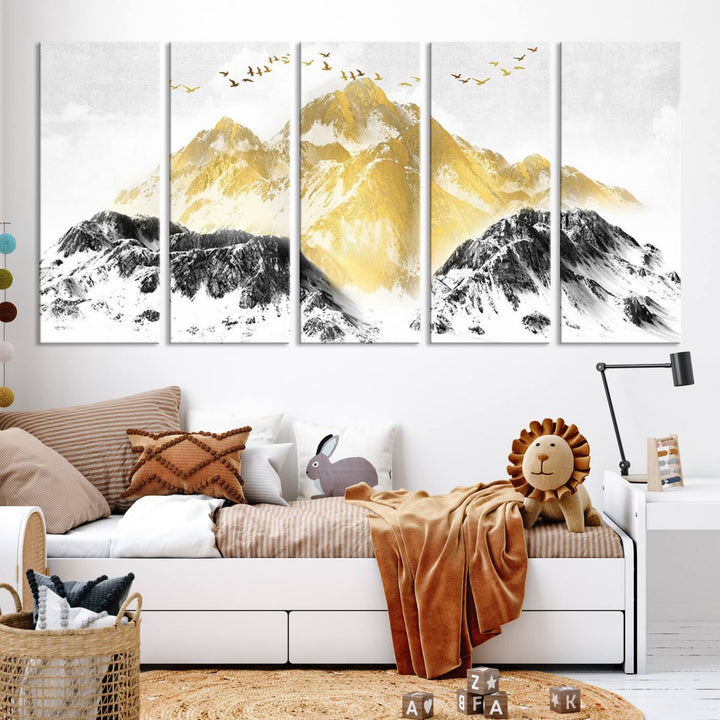 Golden Mountain Triptych Wall Art, Modern Giclee Canvas Print, Nature Landscape Decor for Living Room, Contemporary Gold and Black Wall Art