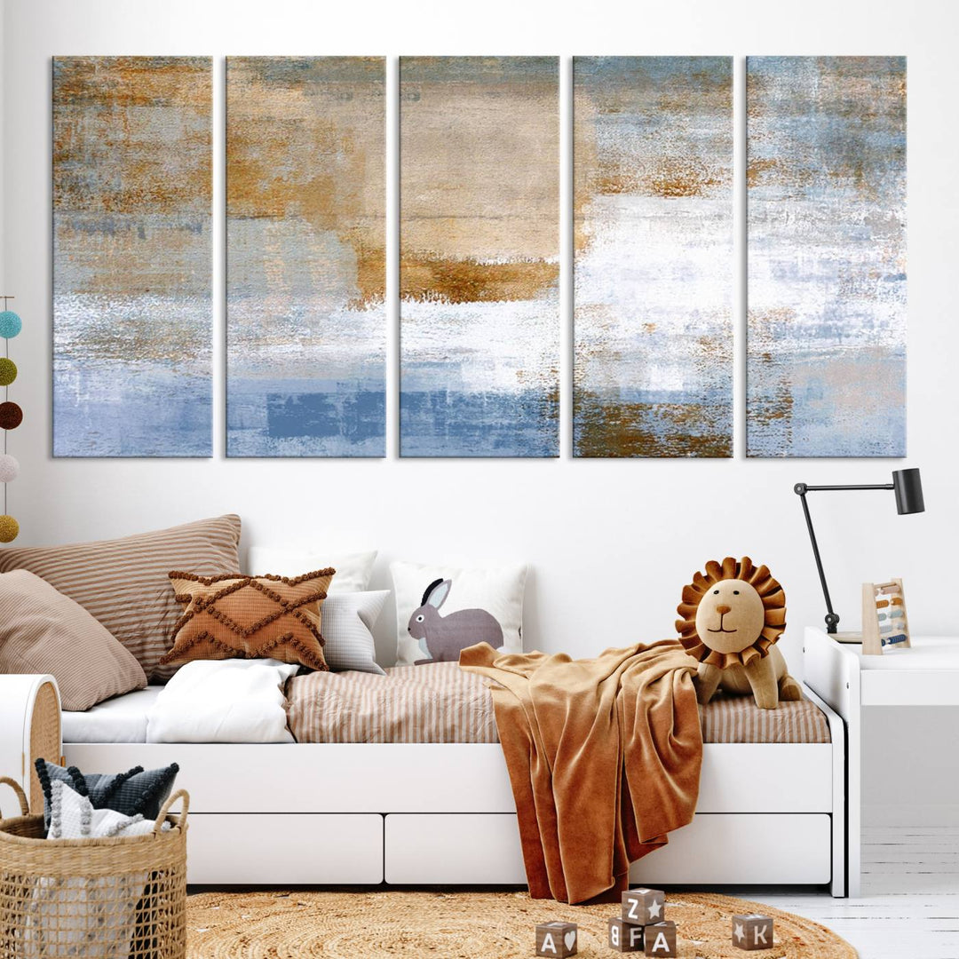 The Blue Multi Panel Abstract Wall Art Canvas Print, featuring an elegant blend of blue, beige, and brown tones, hangs gracefully on the wall, adding a contemporary touch to the space.