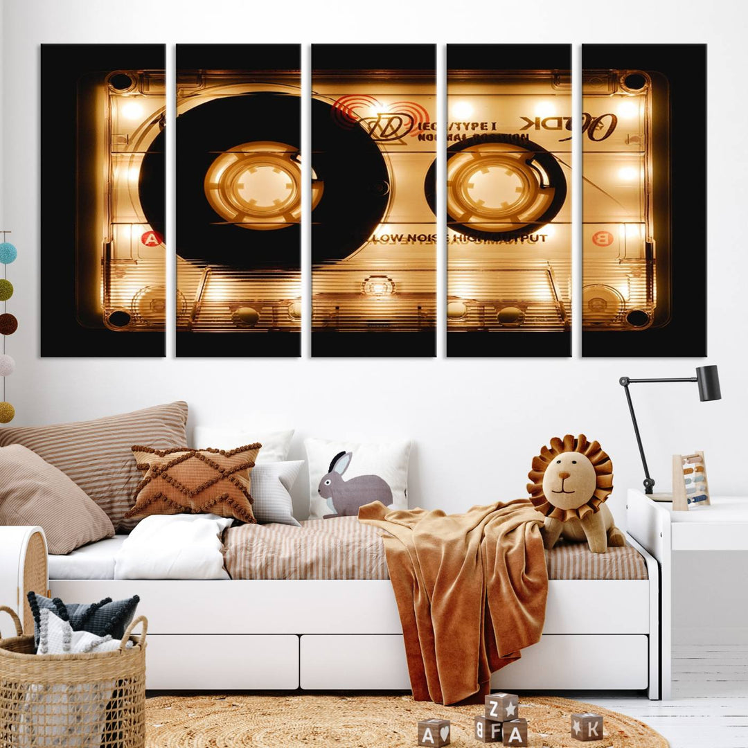 The Shining Audio Cassette Retro Music Wall Art Canvas Print, featuring a vintage cassette tape design and protected with a UV coating on museum-quality canvases, creates an impressive visual impact.