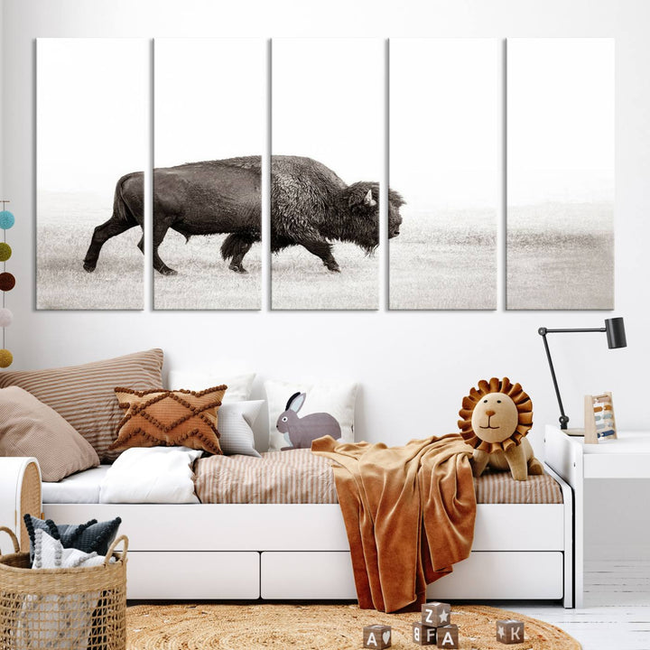 American Bison in Grasslands Triptych Canvas Wall Art – Western-Inspired Nature Decor for Home or Office