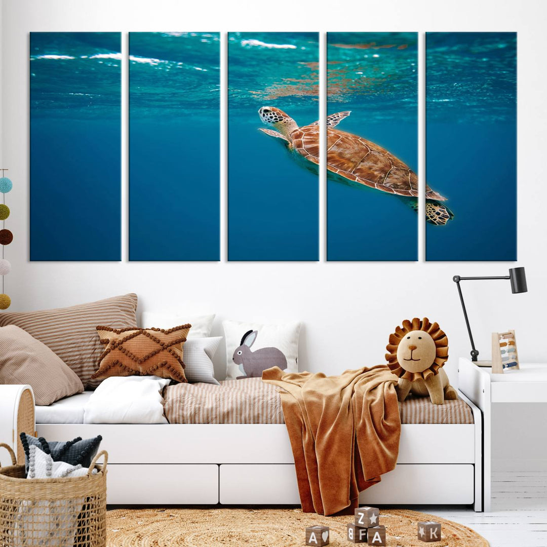 The living room features the "Baby Turtle in Ocean" wall art canvas print. This gallery-quality piece, depicting a sea turtle swimming underwater, adds an elegant touch to the space.