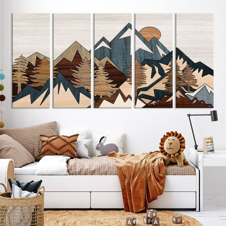 Efecto de panel de madera Cordillera Top Wall Art Print Arte moderno Decoración rústica para sala de estar, lienzo enmarcado Impresión abstracta de montaña sobre lienzo