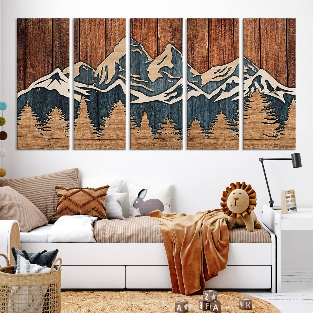 Rustic Wood Style Mountain Wall Art, Nature Forest Canvas Print, Wooden Textured Mountain Artwork, Handcrafted Landscape Decor for Farmhouse Decor