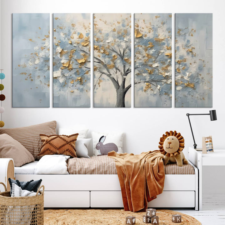 Abstract tree canvas wall art with gold and blue textured leaves, ready to hang in living room or bedroom.