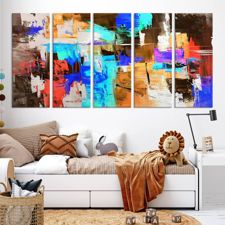 In a modern living room, the "Colorful Abstract Wall Art Canvas Print" serves as a stunning triptych centerpiece on museum-quality canvas, ready to hang. Its UV-protective coating ensures enduring vibrancy.