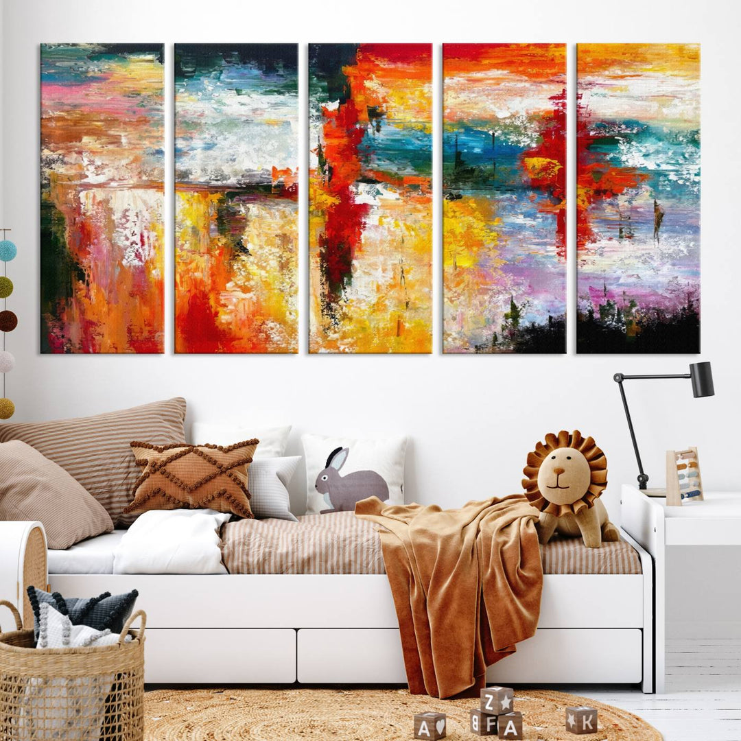 A Colorful Abstract Wall Art Canvas Print graces the wall, making this ready-to-hang masterpiece, complete with UV-protective coating, perfect for elevating any space with its vibrant allure.