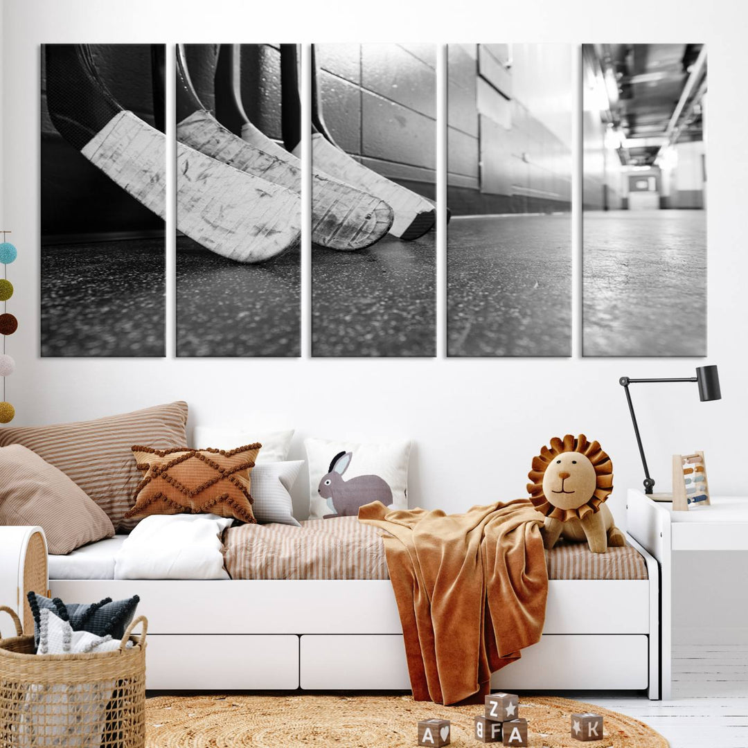 A living room featuring a large Ice Hockey Wall Art Canvas Print on gallery-wrapped canvas.