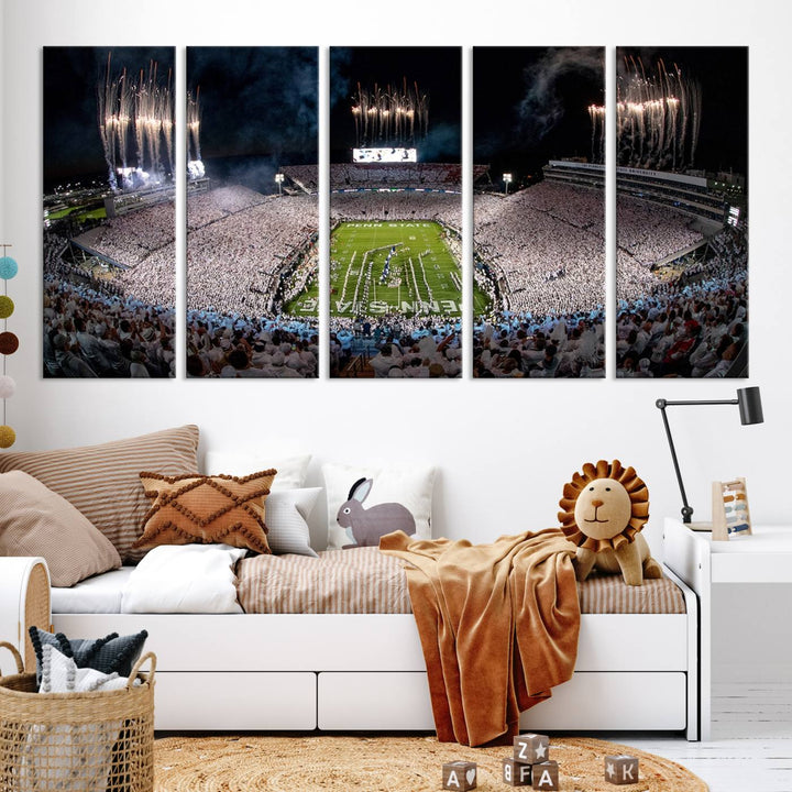 The Penn Stadium Football Wall Art Canvas Print showcases the lively ambiance of a bustling Pennsylvania University football stadium illuminated by fireworks.