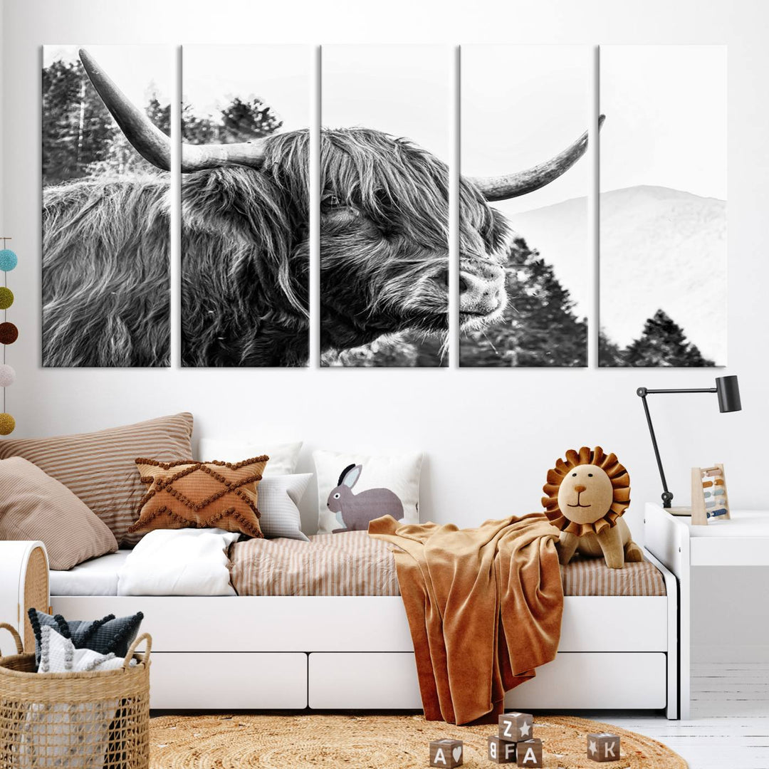 The Scottish Longhorn Wall Art Canvas Print features a highland cow with long horns and shaggy hair displayed on a museum-quality canvas. Equipped with a UV-protective coating for durability, it's ready to hang and enjoy for years to come.