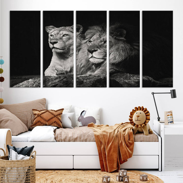 The elegant wildlife portrait, "Lion Couple Canvas Wall Art Print," featuring a black and white depiction of a lion family, majestically decorates the living room wall.