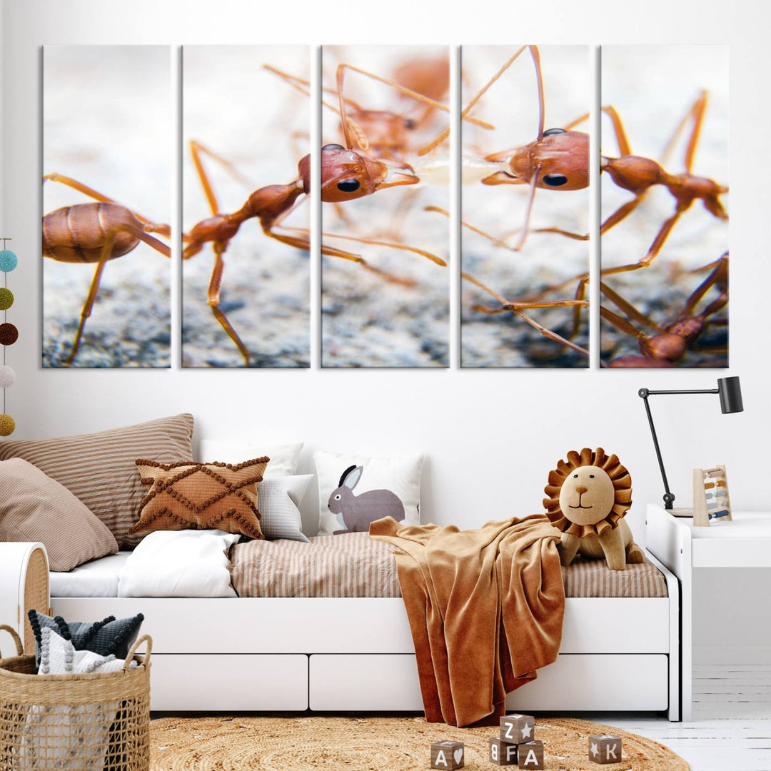 The "Ants Wall Art Canvas Print" features two ants facing each other, beautifully presented across three panels on museum-quality canvas with a UV-protective coating.